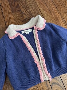 Cropped Boden Navy Cardigan with Pink Ruffle and Gold Cream Collar